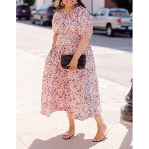 J Crew Puff Sleeve Smocked Midi in Pink Floral Fields Preppy Dress Size L NWT - Picture 4 of 16